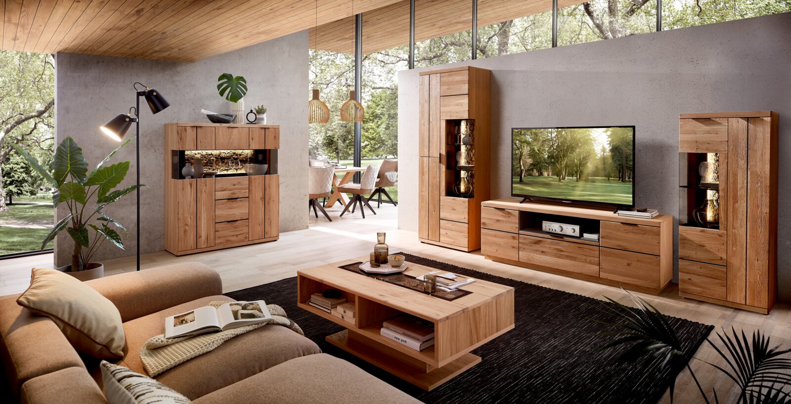 Moderne woonkamer met houten tv-meubel, vitrinekast en dressoir, gezien vanuit een brede frontale hoek (licht schuin van links), met grote ramen en veel daglicht.