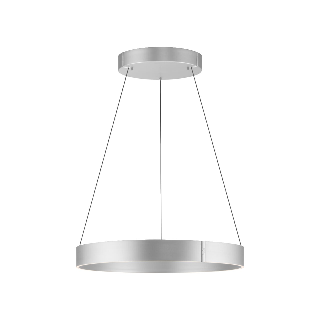 Moderne Pendelleuchte PURE E-CLIPSE in silberner Ringform, seitliche Perspektive
