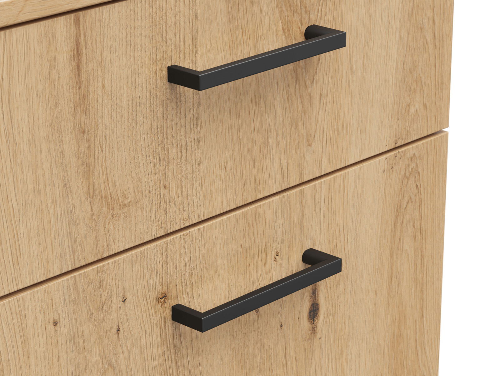 Carryhome Kommode MULTISTAURAUM Nahaufnahme von zwei Schubladen einer Kommode aus hellem Holz mit schwarzen Griffen, seitliche Perspektive