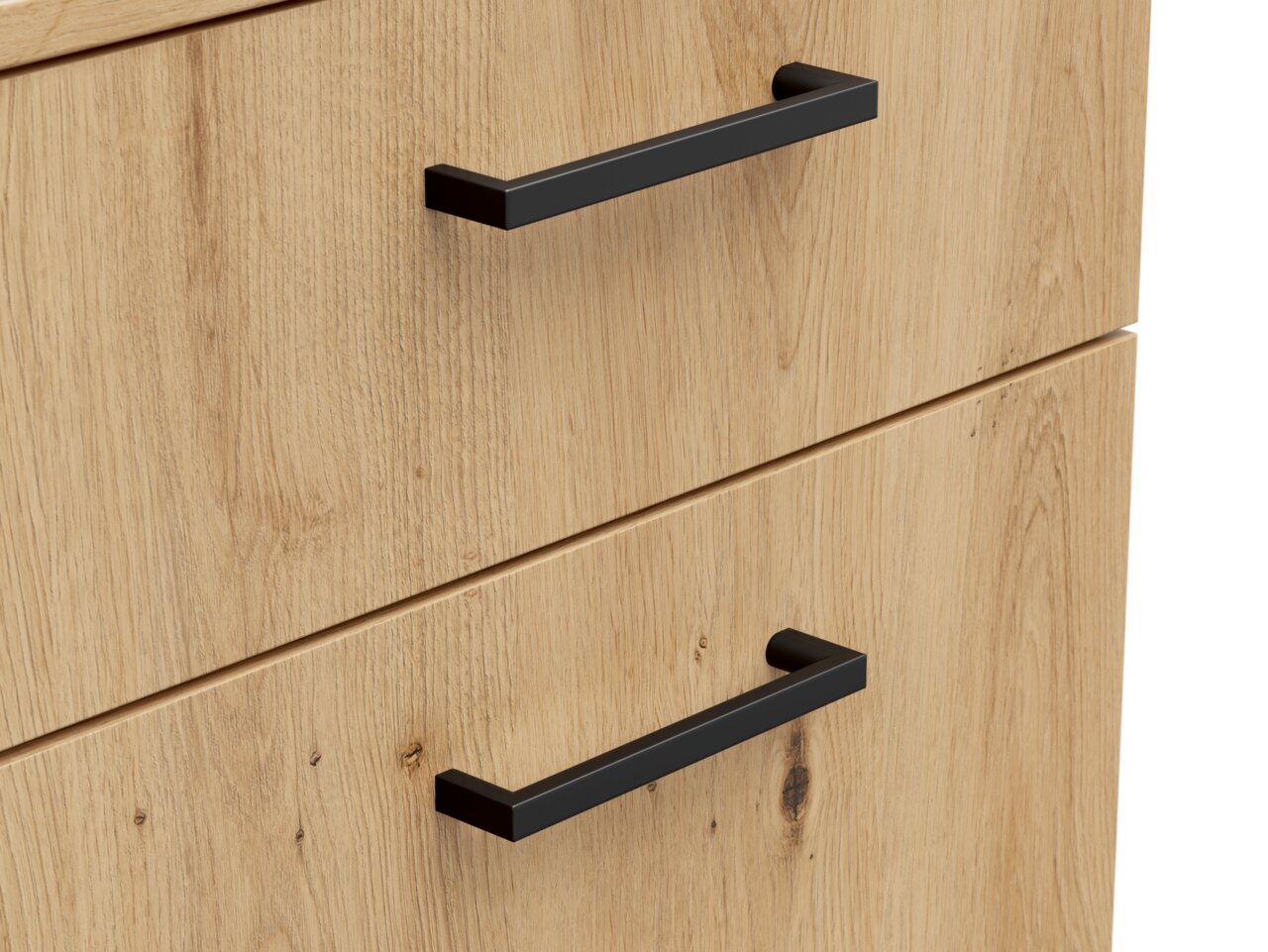 Carryhome Kommode MULTISTAURAUM Nahaufnahme von zwei Schubladen einer Kommode aus hellem Holz mit schwarzen Griffen, seitliche Perspektive