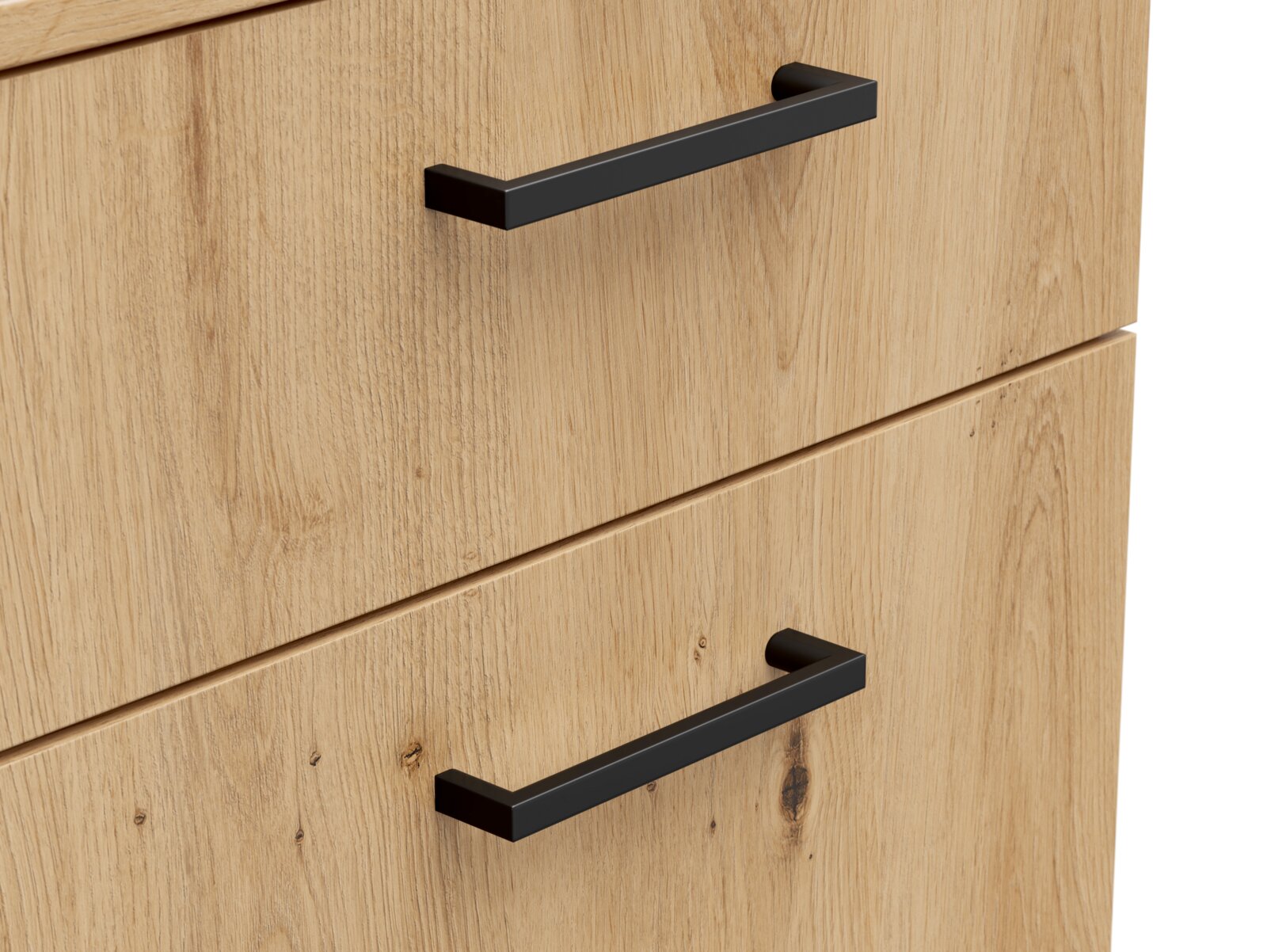 Carryhome Kommode MULTISTAURAUM Nahaufnahme von zwei Schubladen einer Kommode aus hellem Holz mit schwarzen Griffen, seitliche Perspektive