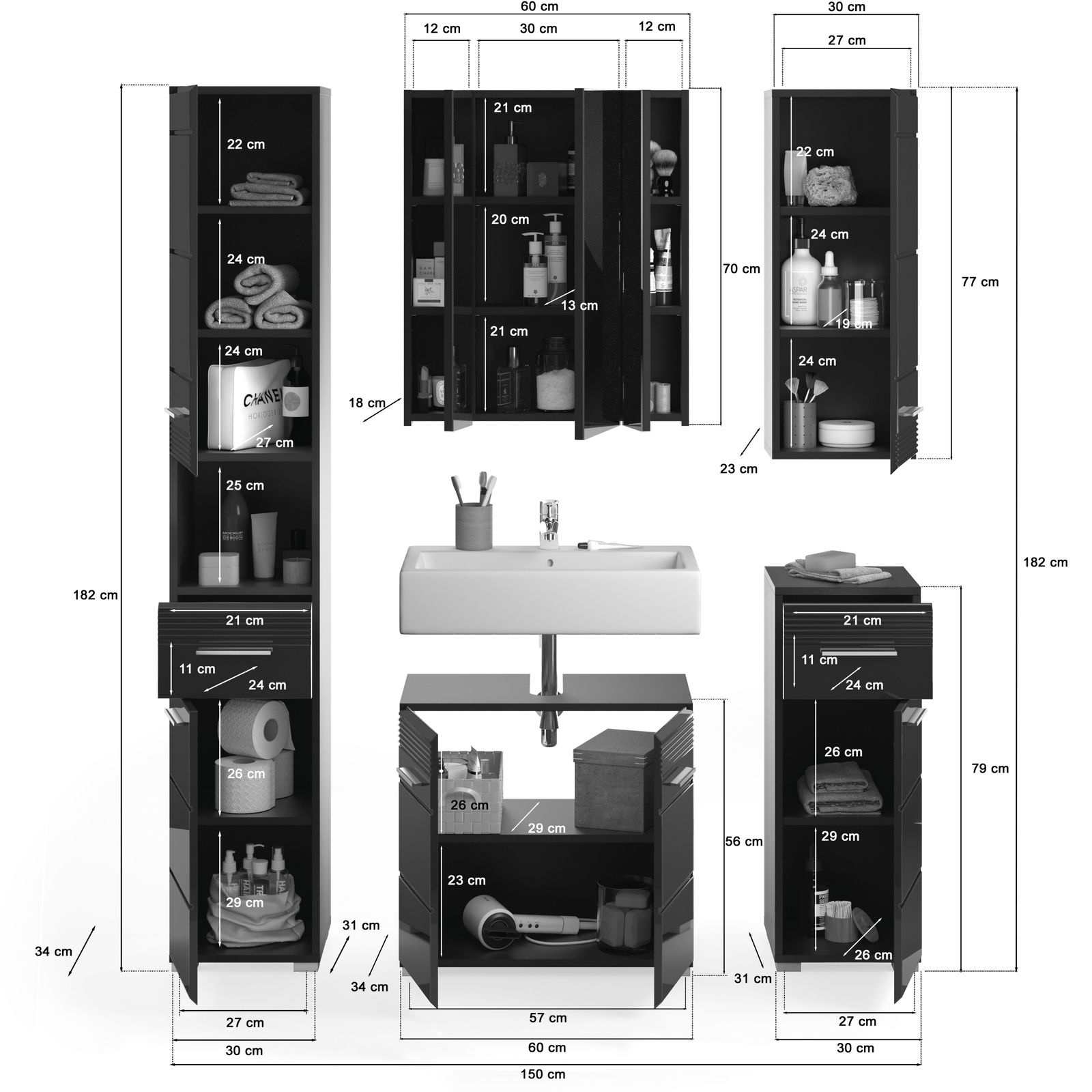 Badkombination LINUS mit mehreren Schränken und Waschbecken, frontal abgebildet. Enthält hohe und niedrige Schränke mit offenen und geschlossenen Fächern, ideal zur Aufbewahrung von Badezimmerartikeln.