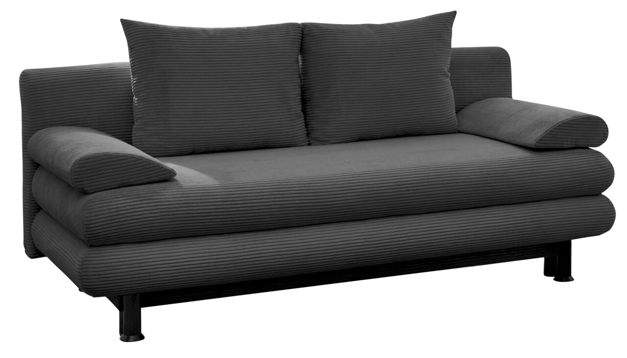 Graues Funktionssofa mit zwei großen Kissen, seitliche Armlehnen und geripptem Stoff, Vorderansicht