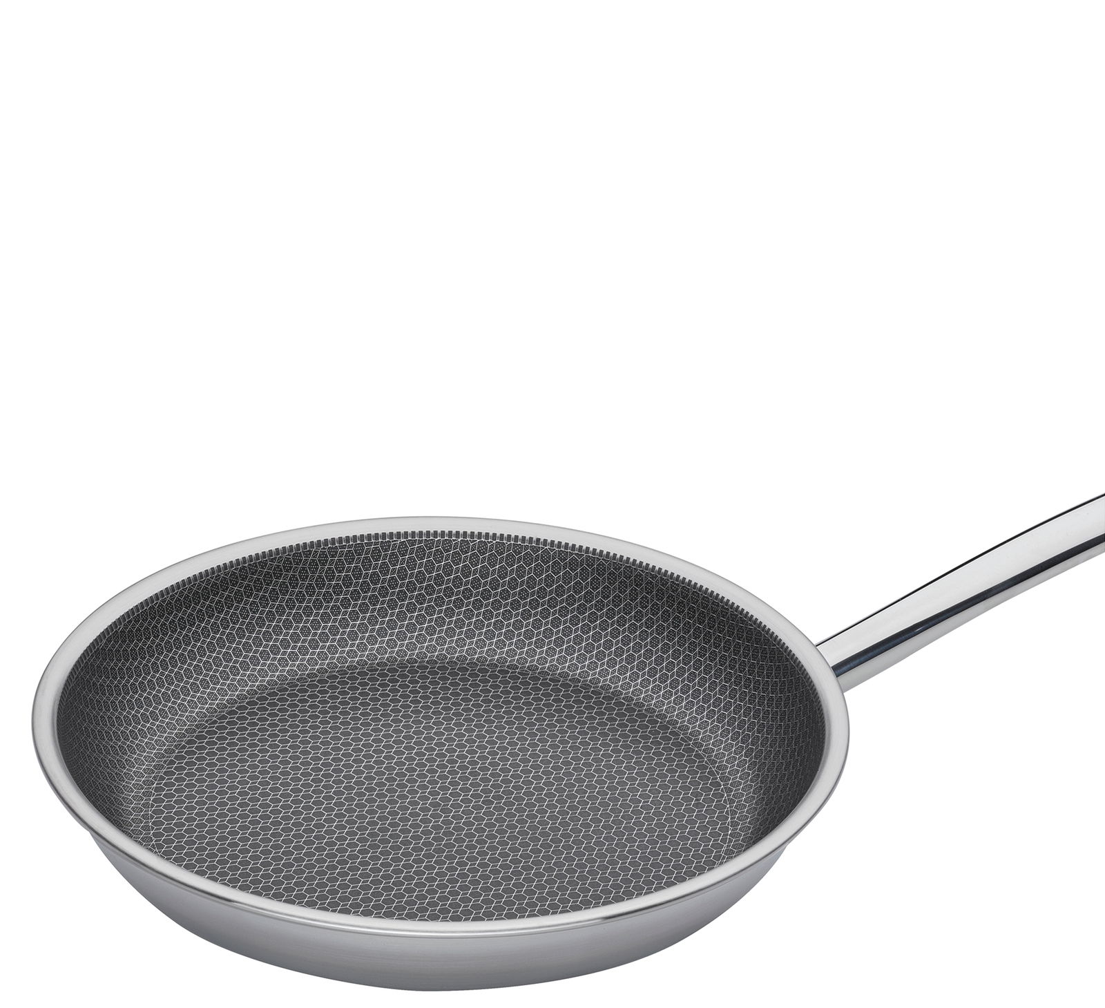 Bratpfanne CUT RESIST PURE 28 aus Edelstahl mit wabenförmiger Antihaftbeschichtung, seitliche Perspektive