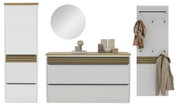 Modernes Flurmöbel-Set in Weiß mit Holzoptik-Akzenten: hoher Schrank, Kommode mit Schubladen, runder Spiegel und Garderobenpaneel mit Haken und Kleiderstange, frontal aus der Vorderansicht freigestellt.