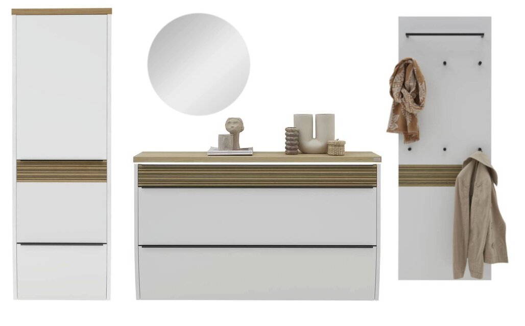 Dieter Knoll Garderobeset, 4-delig ARCO NOVA Modernes Flurmöbel-Set in Weiß mit Holzoptik-Akzenten: hoher Schrank, Kommode mit Schubladen, runder Spiegel und Garderobenpaneel mit Haken und Kleiderstange, frontal aus der Vorderansicht freigestellt.