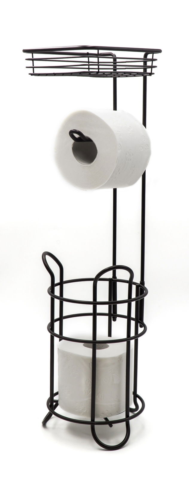 Sadena Stand-WC-Garnitur MILA Schwarze Stand-WC-Garnitur Mila mit integriertem Toilettenpapierhalter und zusätzlichem Stauraum für Ersatzrollen, seitliche Perspektive.