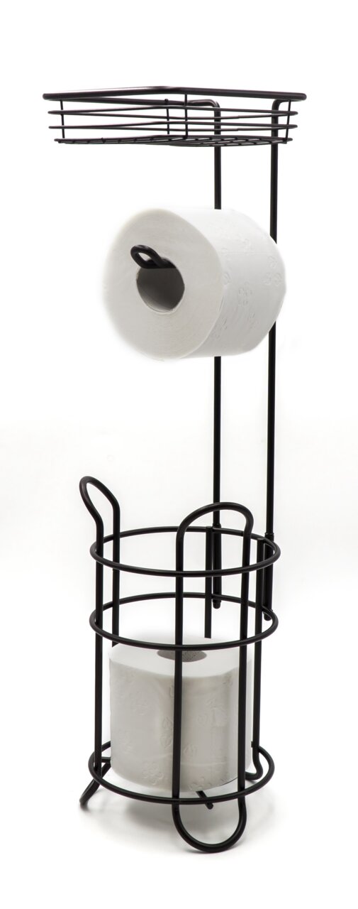 Sadena Stand-WC-Garnitur MILA Schwarze Stand-WC-Garnitur Mila mit integriertem Toilettenpapierhalter und zusätzlichem Stauraum für Ersatzrollen, seitliche Perspektive.