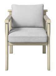 Frontansicht eines Armlehnstuhls mit hellem Holzrahmen und grauen Polstern.