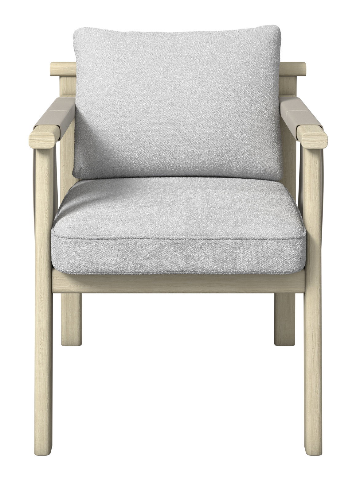 Frontansicht eines Armlehnstuhls mit hellem Holzrahmen und grauen Polstern.