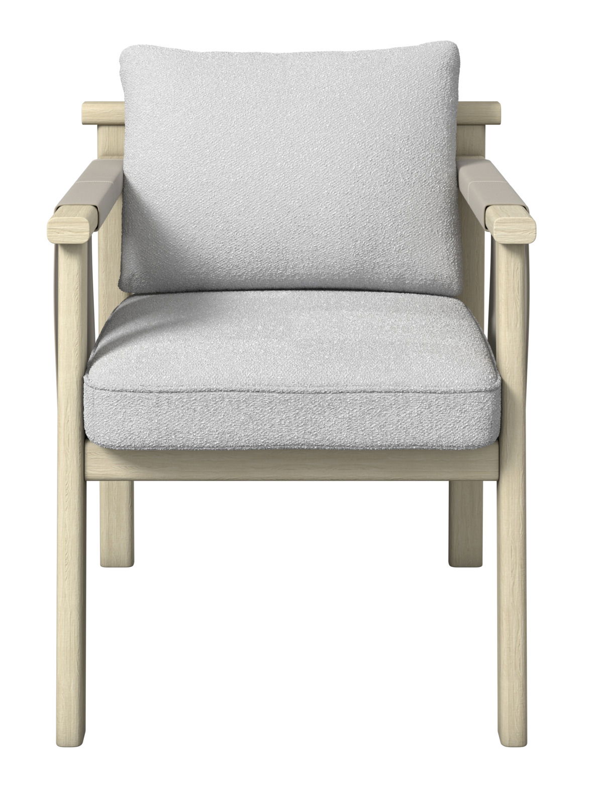 Frontansicht eines Armlehnstuhls mit hellem Holzrahmen und grauen Polstern.