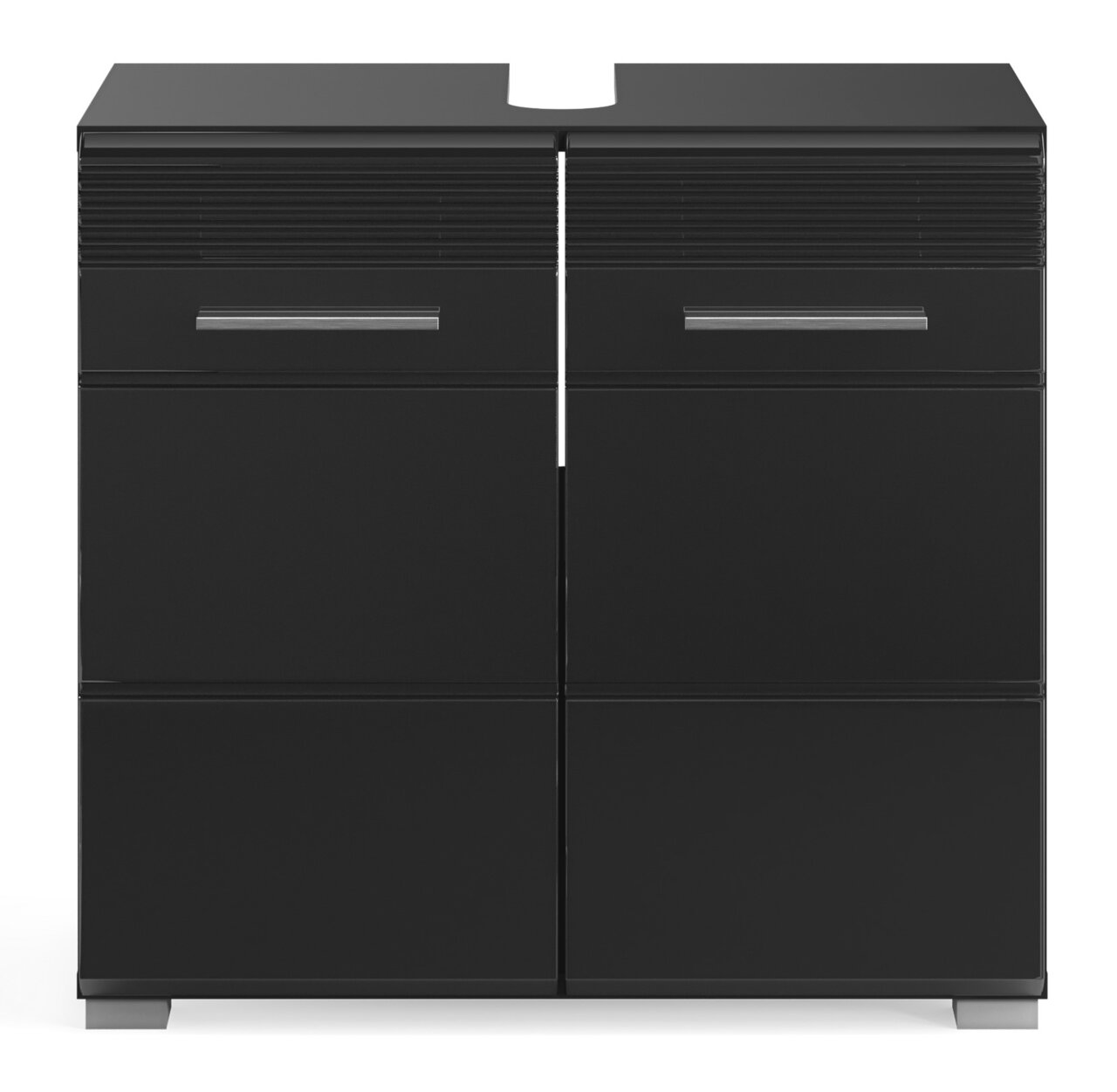 Moderner schwarzer Waschbeckenunterschrank mit zwei Schubladen und vier Türen, Frontalansicht