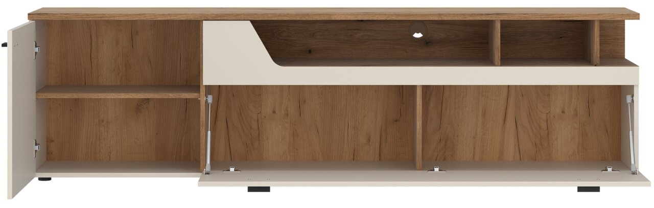 TV-Lowboard in Holzoptik mit offenen und geschlossenen Fächern, Frontansicht
