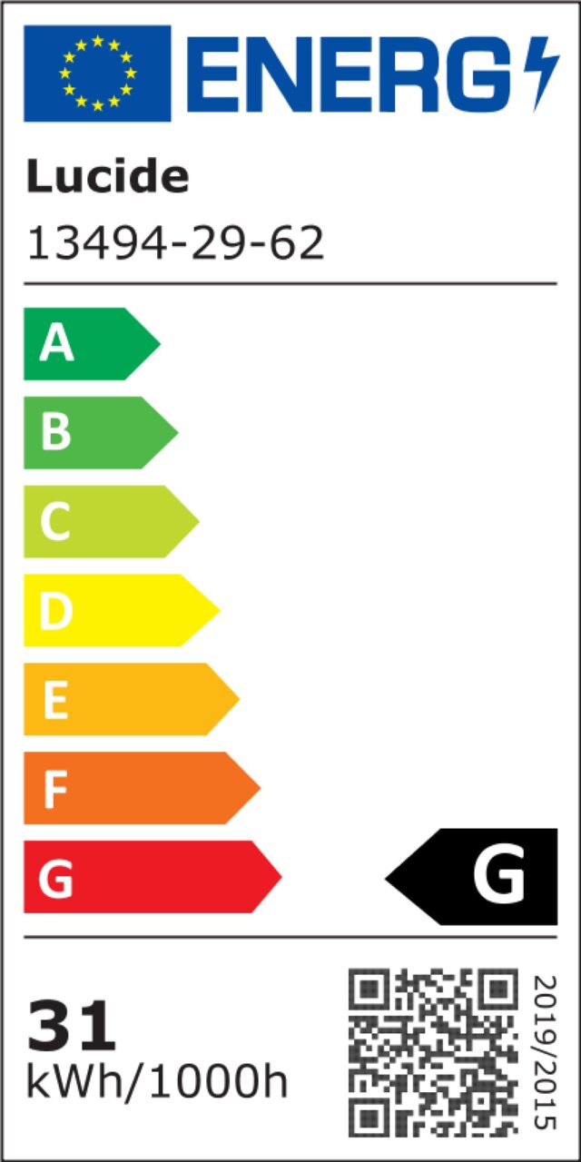 Energieeffizienzlabel für eine Hängeleuchte der Marke Lucide, Modellnummer 13494-29-62, mit Energieklasse G, 31 kWh/1000h, frontal betrachtet.
