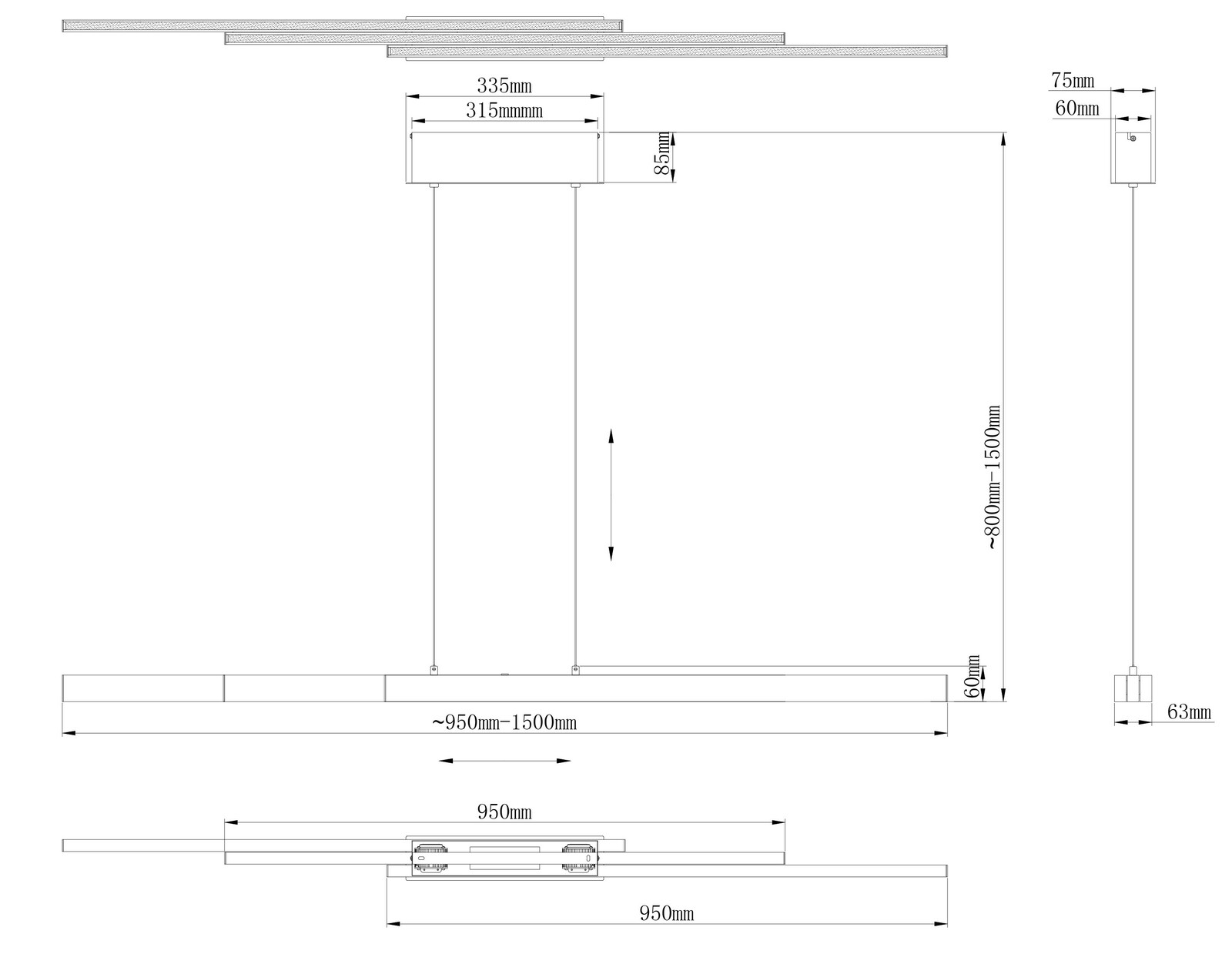 Technische Zeichnung einer Hängeleuchte mit verstellbarer Höhe von 800mm bis 1500mm und einer Breite von 950mm bis 1500mm, seitliche und frontale Ansicht.