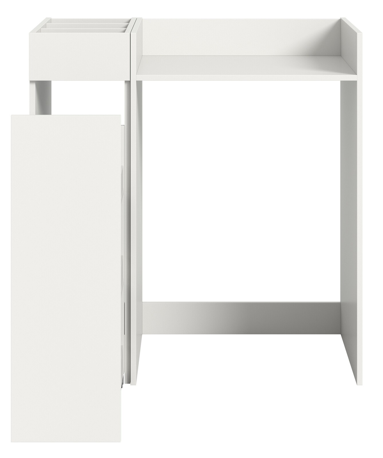Weißes Waschmaschinenumbau-Set mit seitlicher Schublade und Ablagefläche, Frontalansicht