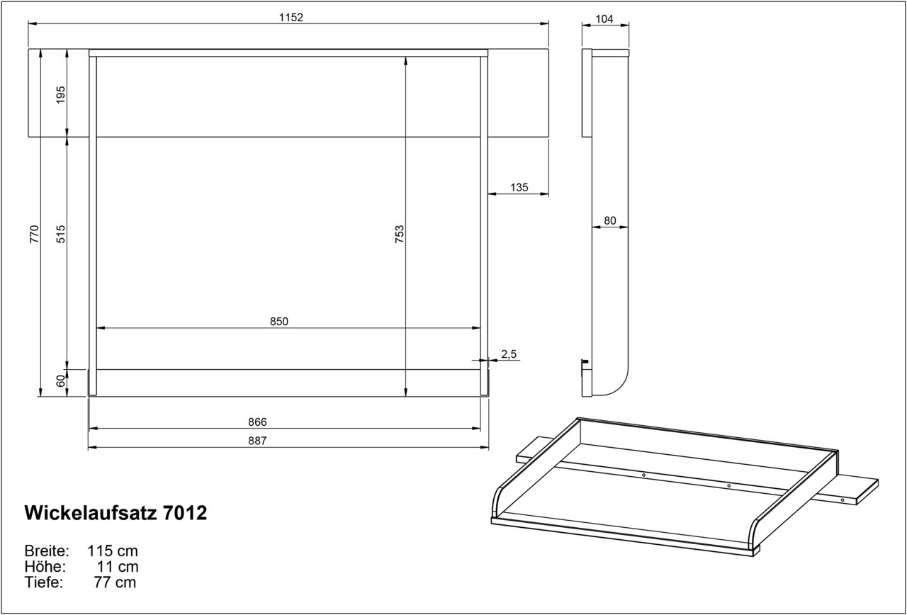 Technische Zeichnung eines Wickelaufsatzes mit den Maßen: Breite 115 cm, Höhe 11 cm, Tiefe 77 cm. Die Zeichnung zeigt Vorderansicht, Seitenansicht und perspektivische Ansicht.