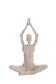 Ornament in Form einer sitzenden Figur in Meditationshaltung, aus geripptem Material, Frontalansicht