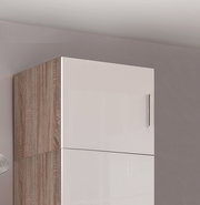 Schrankaufsatz T40 in Holzoptik und weißem Hochglanz, seitliche Perspektive