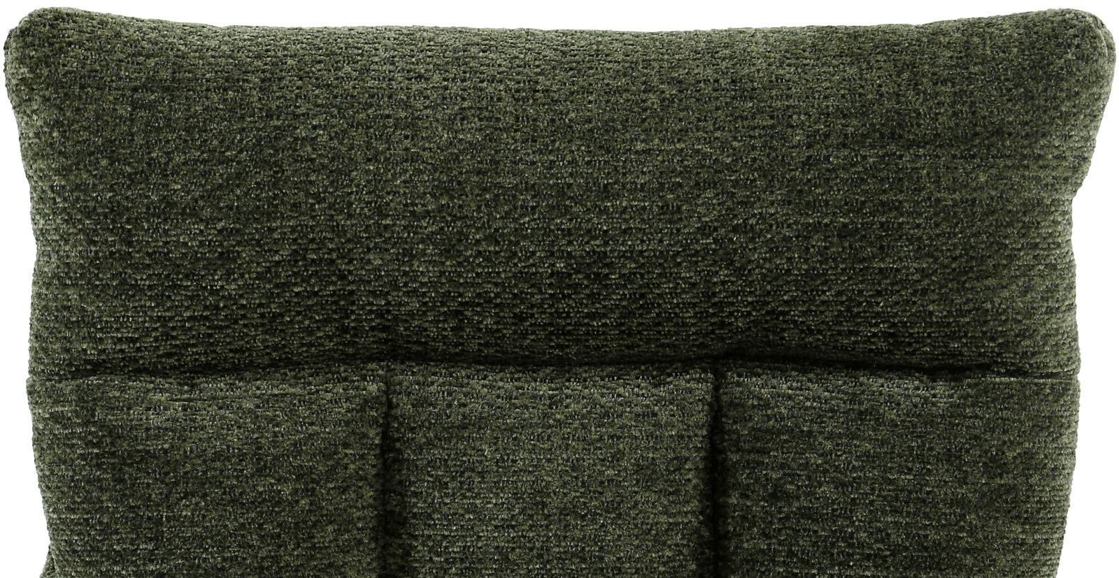 Nahaufnahme der Rückenlehne eines grünen Armlehnstuhls aus Stoff, von vorne betrachtet.