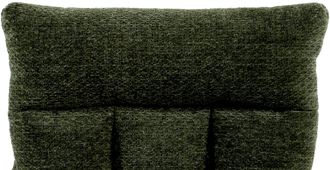 Nahaufnahme der Rückenlehne eines grünen Armlehnstuhls aus Stoff, von vorne betrachtet.