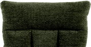 Close-up van de rugleuning van een groene stoffen fauteuil, gezien vanaf de voorkant.
