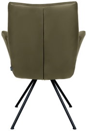 Achterkant van een moderne fauteuil met olijfgroene bekleding en zwarte metalen poten.