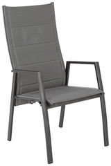 Moderner Gartensessel aus Metall mit grauem Textilgewebe, seitliche Perspektive