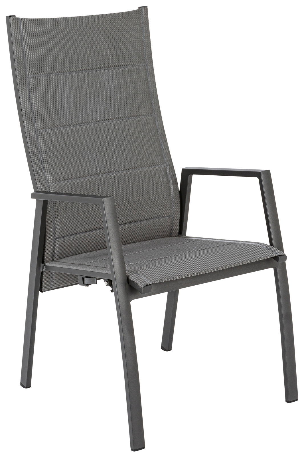 Ambia Garden Gartensessel TERUEL Moderner Gartensessel aus Metall mit grauem Textilgewebe, seitliche Perspektive