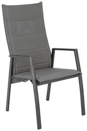 Moderner Gartensessel aus Metall mit grauem Textilgewebe, seitliche Perspektive