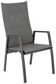 Moderne metalen tuinstoel met grijze textielbekleding, zijaanzicht