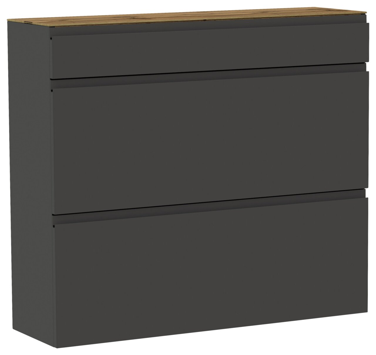 Moderano Hängeschuhschrank LECCO Moderner Hängeschuhschrank in dunklem Grau mit drei Fächern und einer Holzoberfläche, seitliche Perspektive