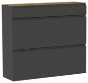 Moderner Hängeschuhschrank in dunklem Grau mit drei Fächern und einer Holzoberfläche, seitliche Perspektive