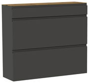 Moderner Hängeschuhschrank in dunklem Grau mit drei Fächern und einer Holzoberfläche, seitliche Perspektive