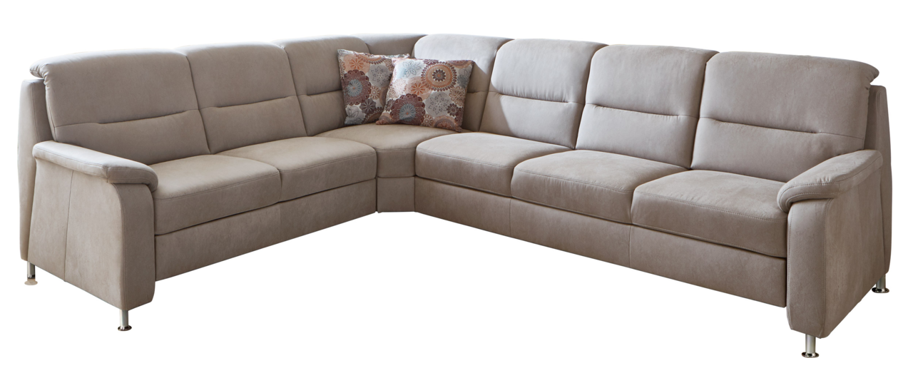 Eckgarnitur in beigem Stoff mit zwei gemusterten Kissen, Perspektive von vorne links