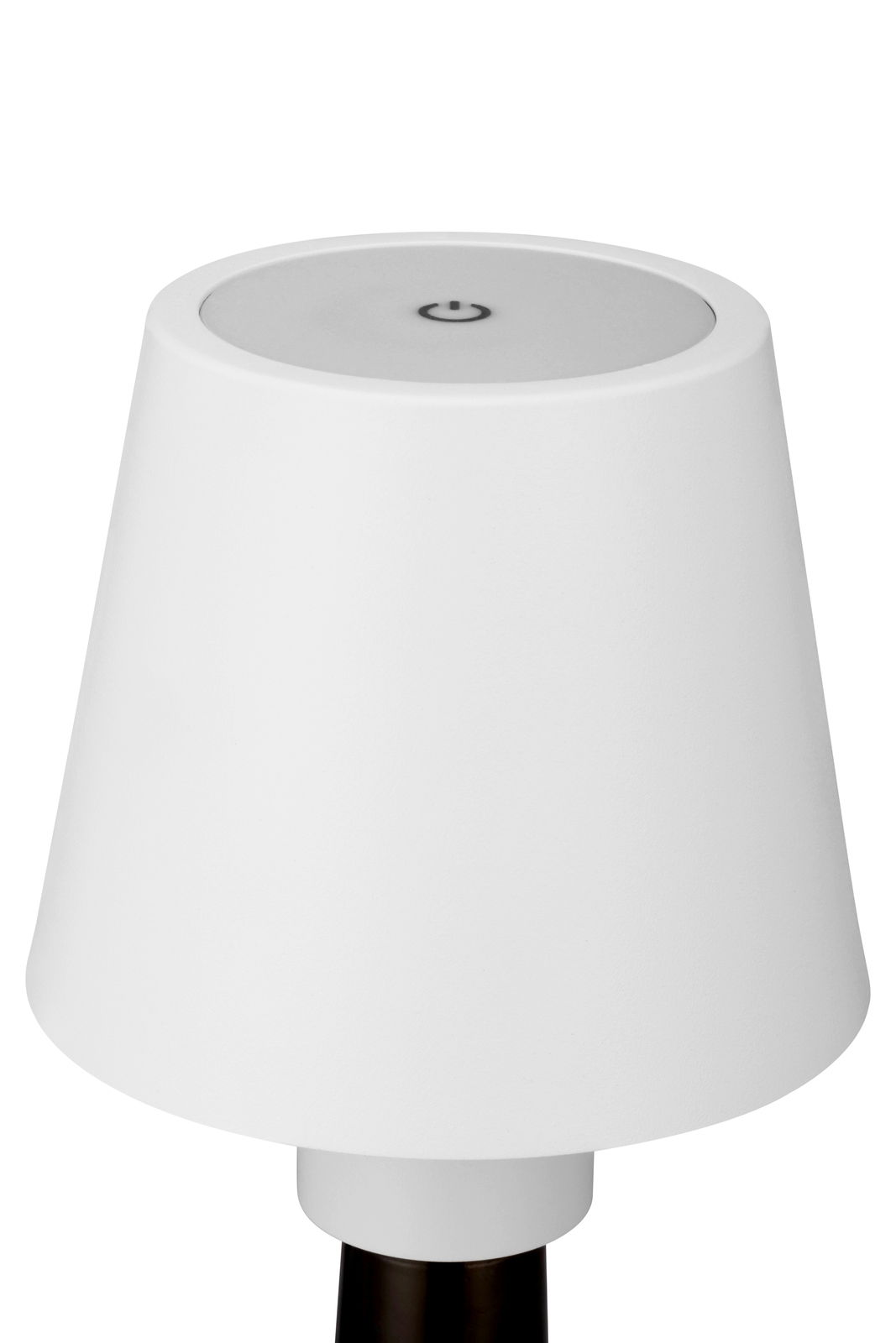 Weiße Akku-Tischleuchte mit schwarzem Sockel, Ansicht von oben mit sichtbarem Ein-/Ausschalter.