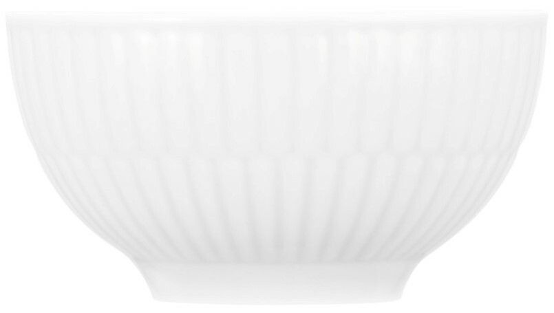 Weiße Dipschale aus Porzellan mit geriffelter Oberfläche, seitliche Ansicht.