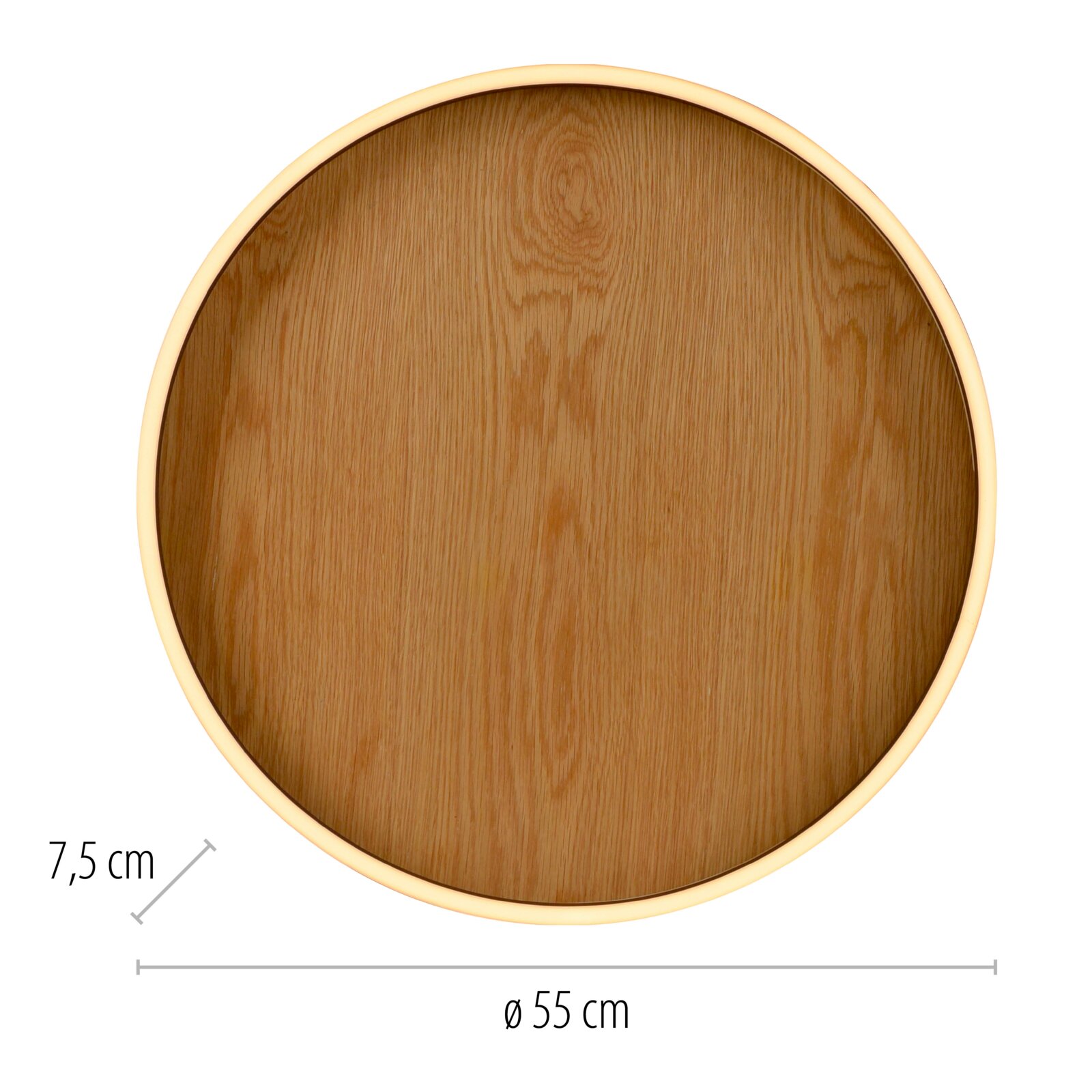 Runde Deckenleuchte mit Holzoptik und umlaufendem warmweißem LED-Lichtring, Draufsicht von unten (Unterseite), Durchmesser ca. 55 cm, Höhe ca. 7,5 cm