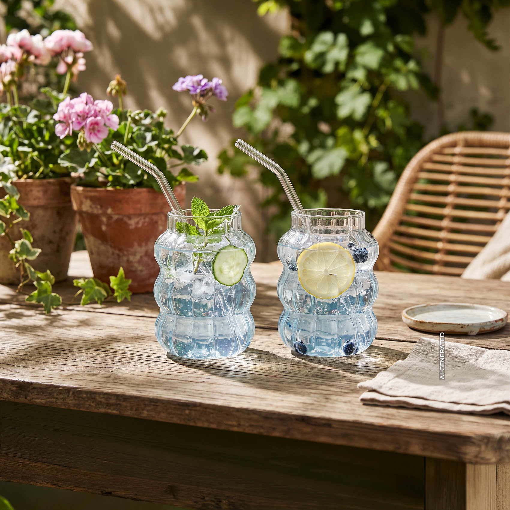 AI-generiert: Zwei blaue Trinkgläser mit Strohhalmen, Gurke, Minze, Zitrone und Beeren auf Holztisch im Garten.