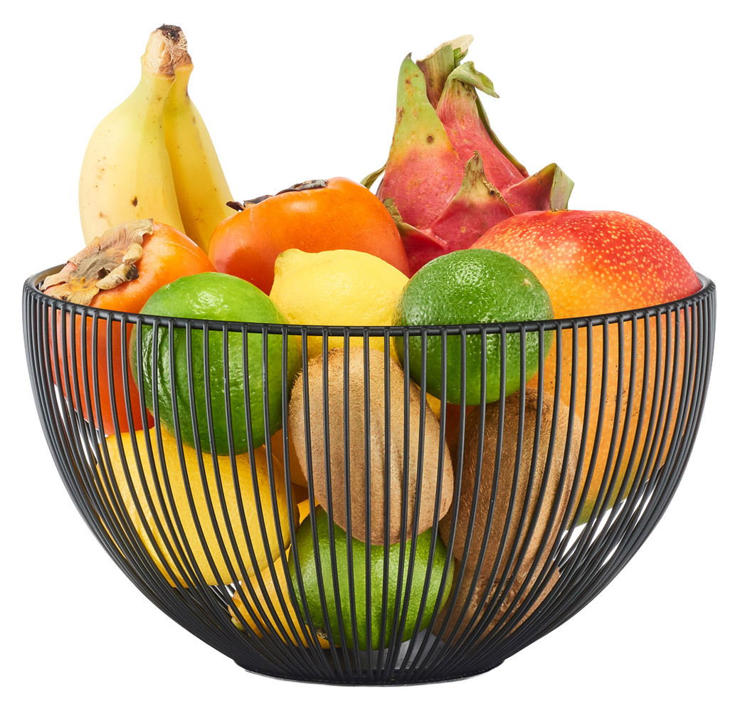 Obstkorb aus schwarzem Metall mit verschiedenen Früchten, seitliche Perspektive