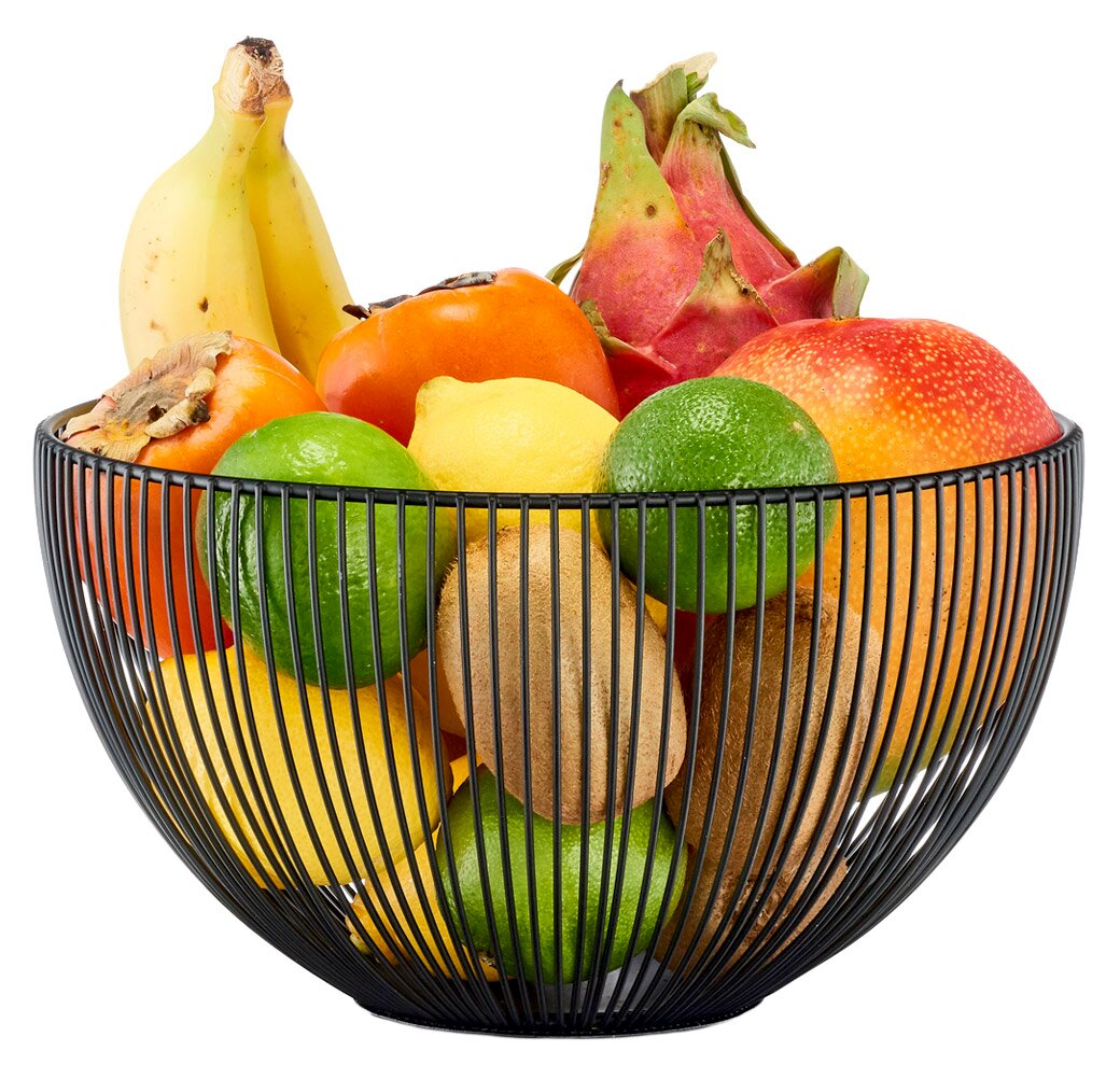Obstkorb aus schwarzem Metall mit verschiedenen Früchten, seitliche Perspektive