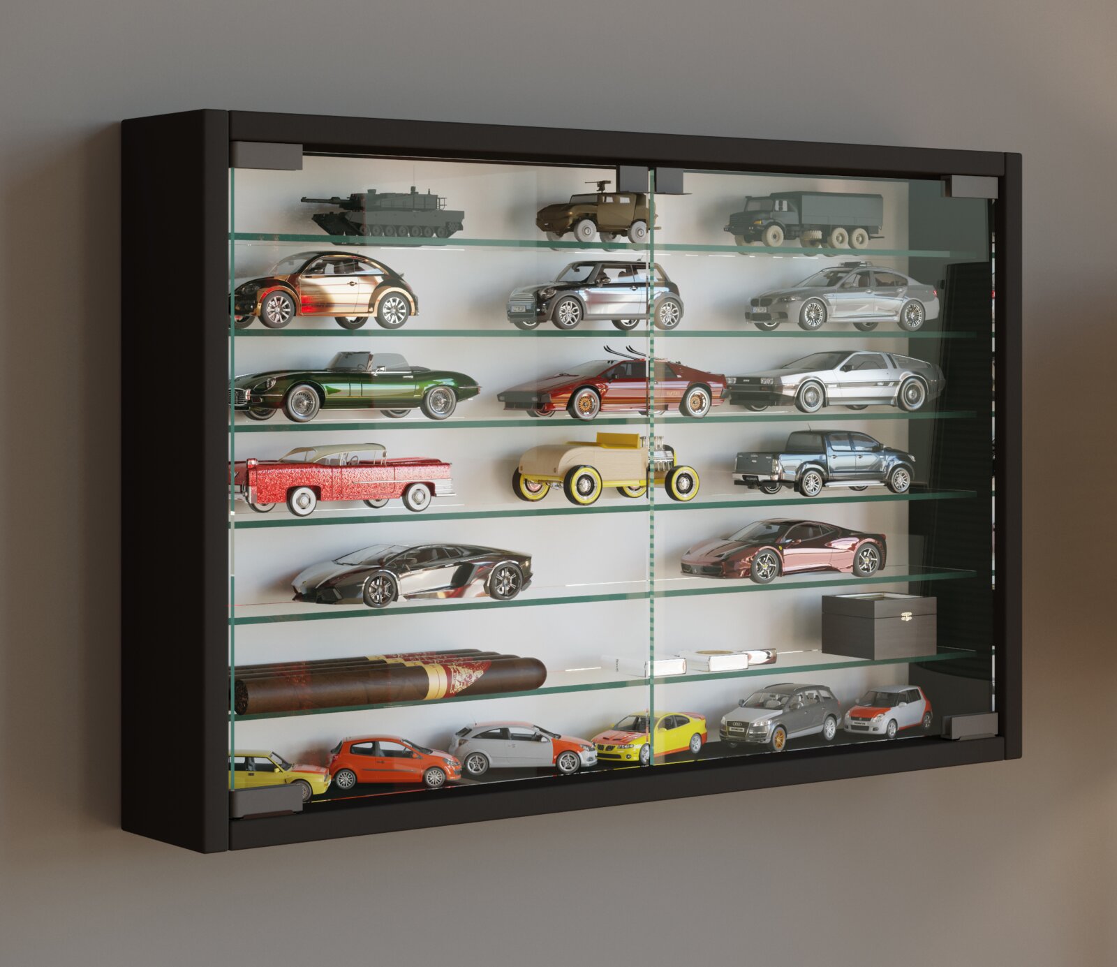 Schwarze Glasvitrine mit mehreren Glasböden, gefüllt mit Modellautos und -fahrzeugen, in schräger Frontansicht von links