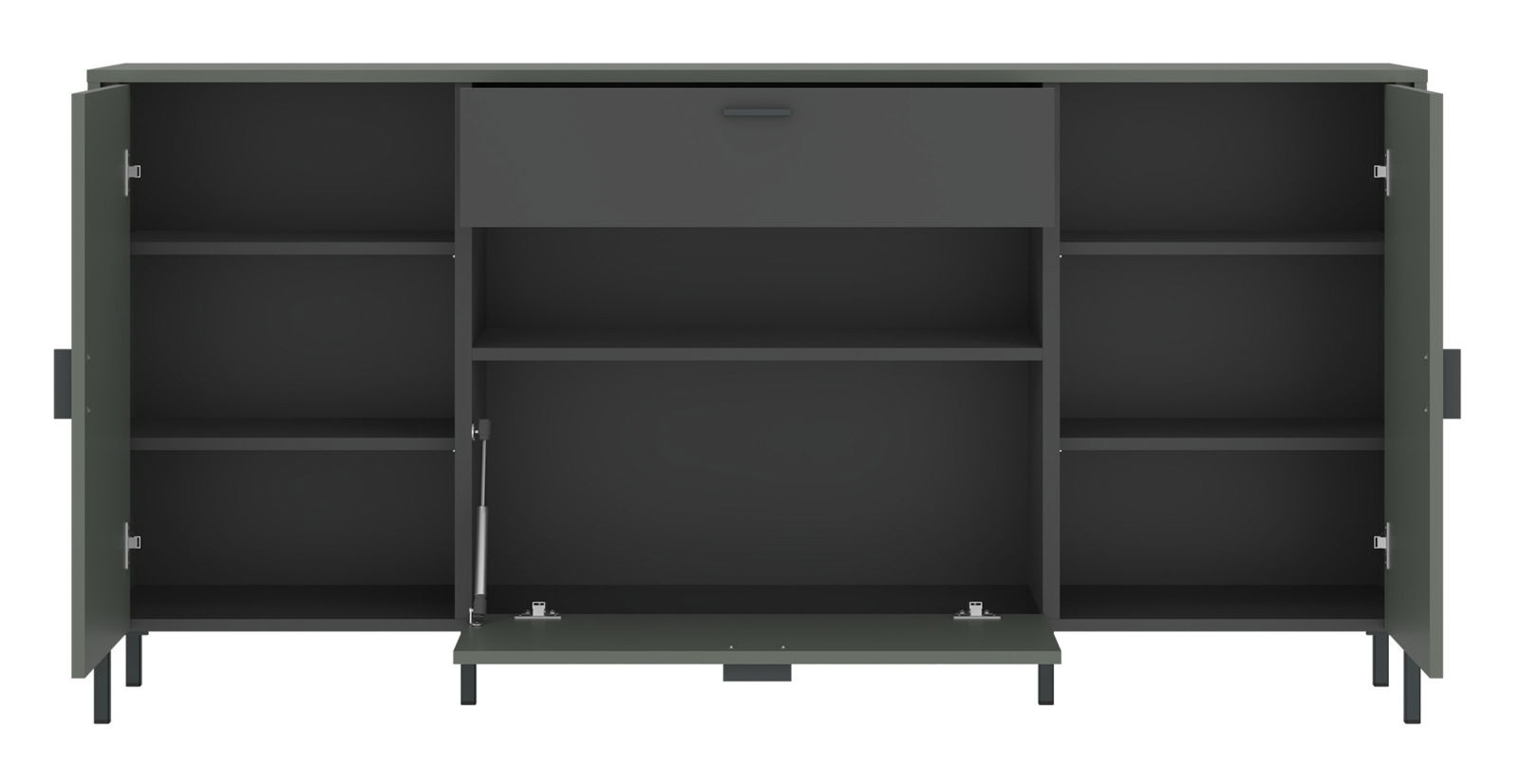 Frontansicht des geöffneten Sideboards SHIRLEY mit mehreren Fächern und Schubladen.