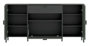 Frontansicht des geöffneten Sideboards SHIRLEY mit mehreren Fächern und Schubladen.