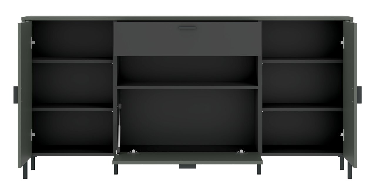 Frontansicht des geöffneten Sideboards SHIRLEY mit mehreren Fächern und Schubladen.