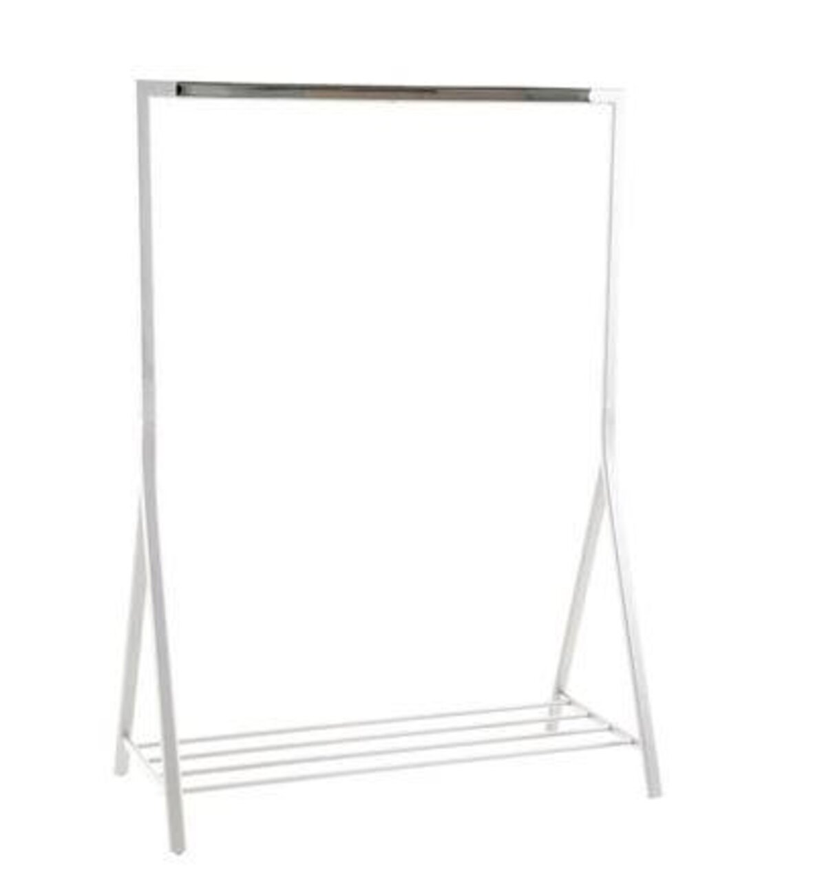 Moderner weißer Garderobenständer aus Metall mit unterem Ablagegitter, frontal abgebildet.