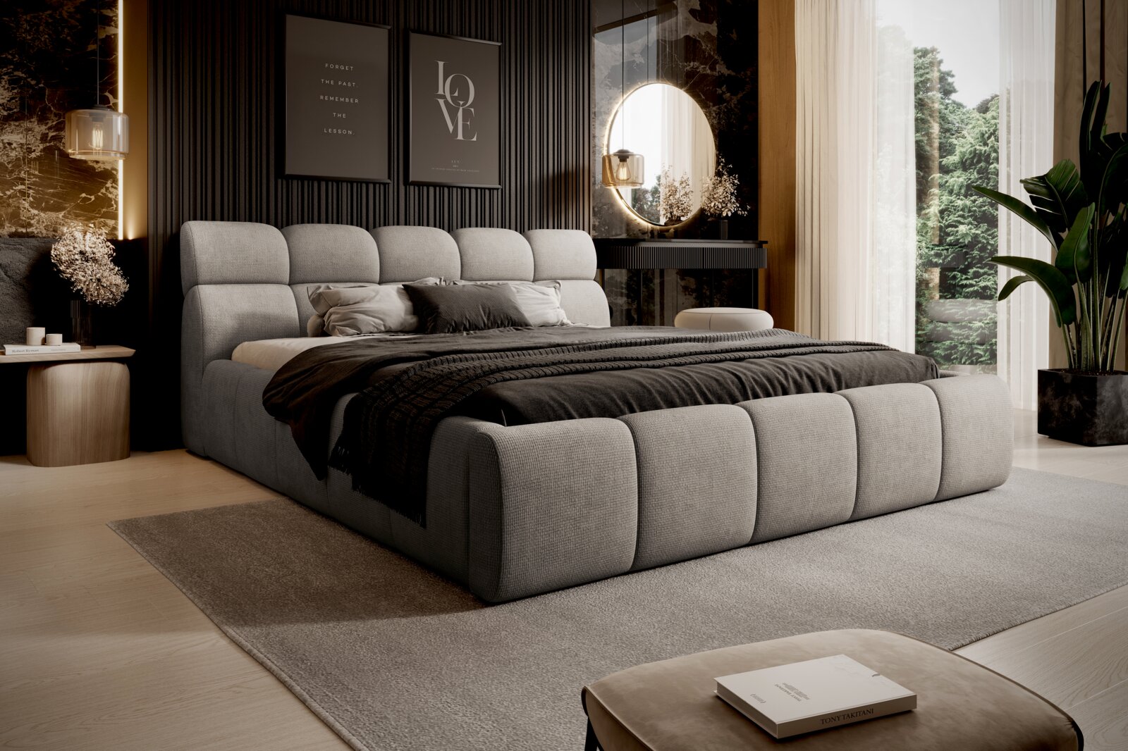 Modernes Polsterbett in einem stilvollen Schlafzimmer, seitliche Perspektive