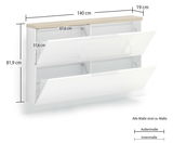 Hängeschuhschrank in Weiß mit zwei aufklappbaren Fächern, Holzoberfläche, Maße: 140 cm Breite, 81,9 cm Höhe, 19 cm Tiefe, seitliche Perspektive