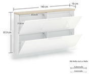 Hängeschuhschrank in Weiß mit zwei aufklappbaren Fächern, Holzoberfläche, Maße: 140 cm Breite, 81,9 cm Höhe, 19 cm Tiefe, seitliche Perspektive