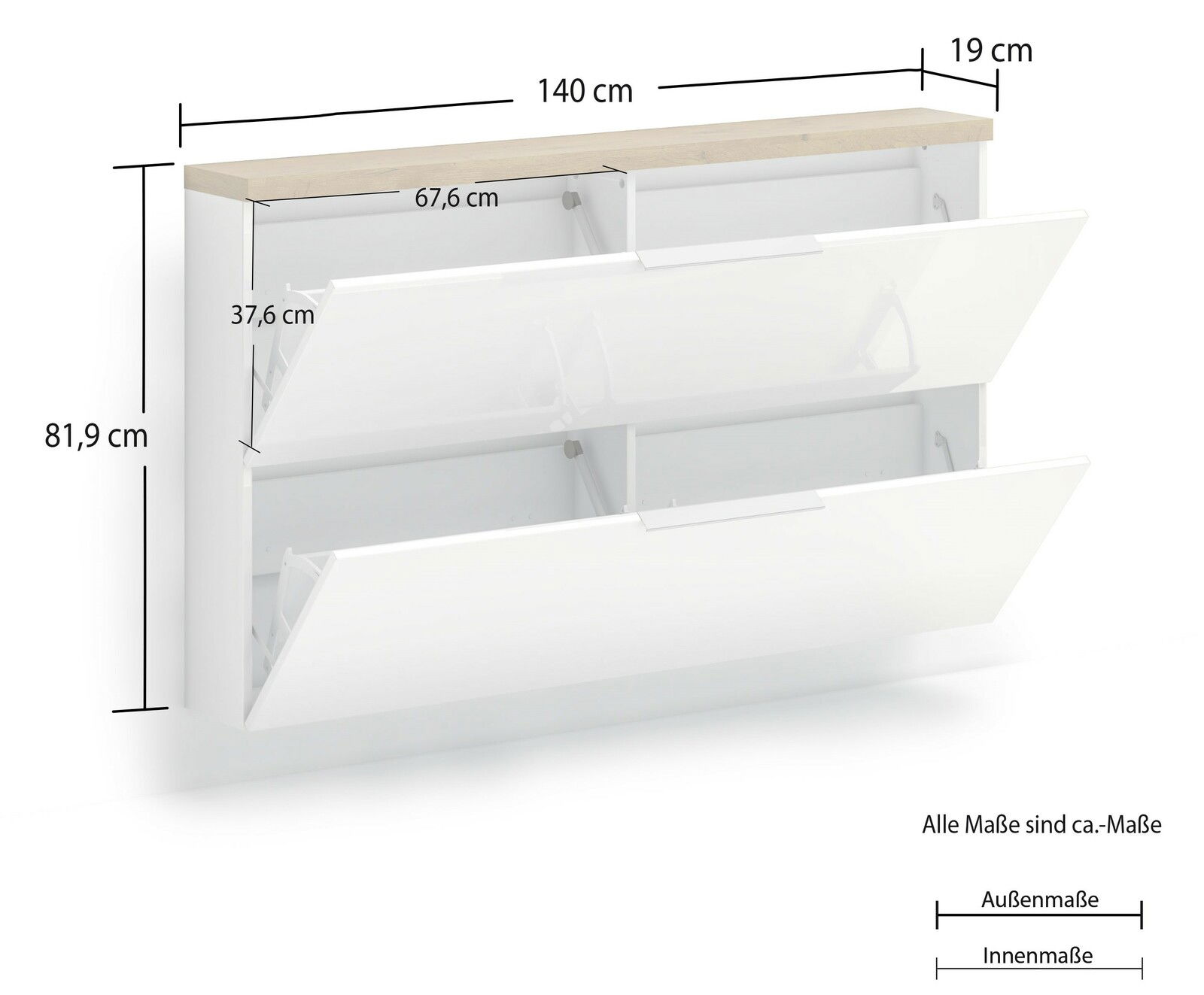 Hängeschuhschrank in Weiß mit zwei aufklappbaren Fächern, Holzoberfläche, Maße: 140 cm Breite, 81,9 cm Höhe, 19 cm Tiefe, seitliche Perspektive